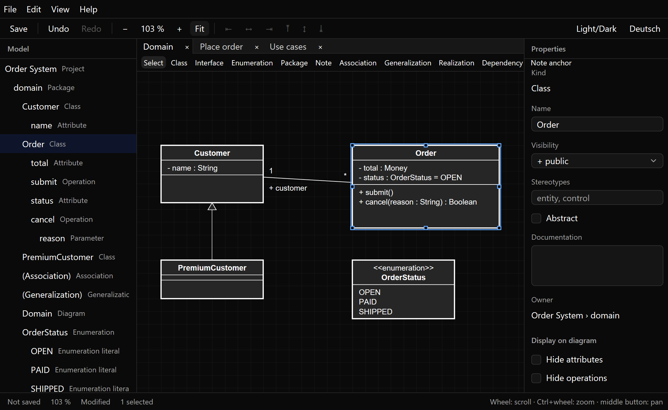 UmlCraft in the dark theme showing the same class diagram.