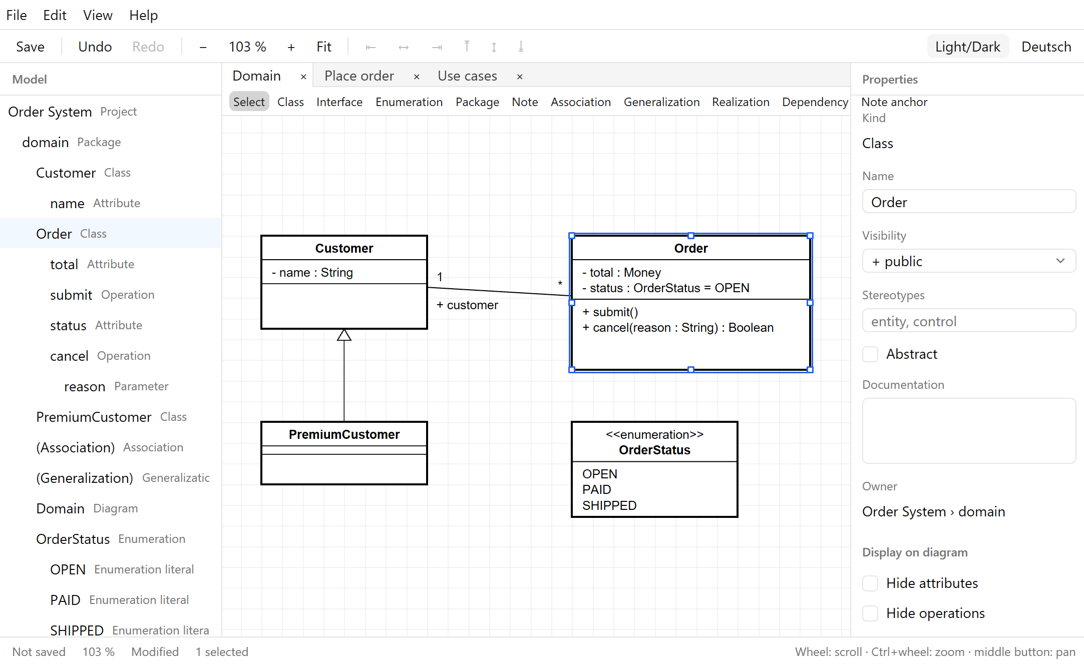 UmlCraft showing a class diagram with Customer, Order, PremiumCustomer and the OrderStatus enumeration, the model tree on the left and the properties of Order on the right.