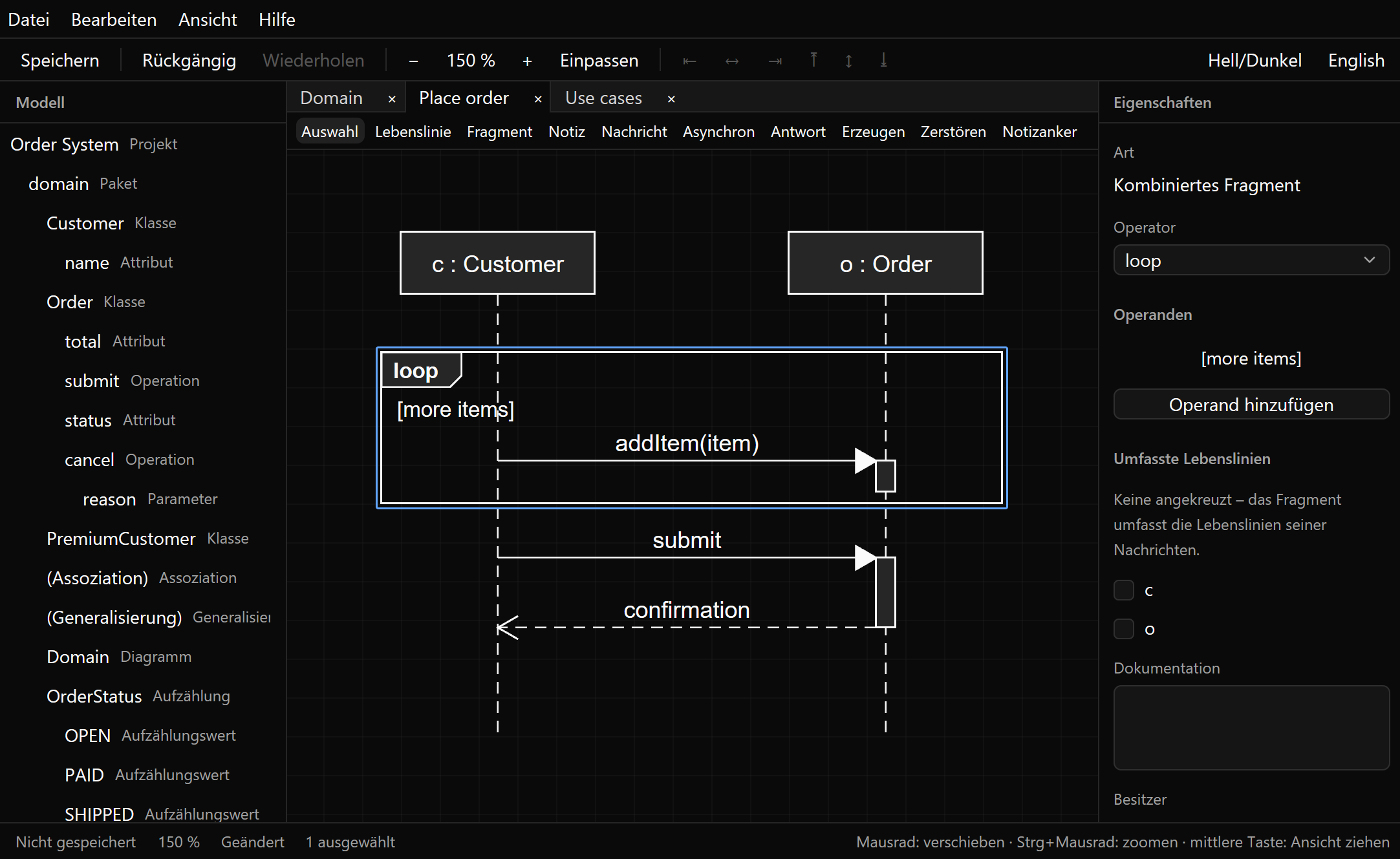 Sequence diagram in the dark theme with the German user interface; the loop fragment is selected and its properties are shown.
