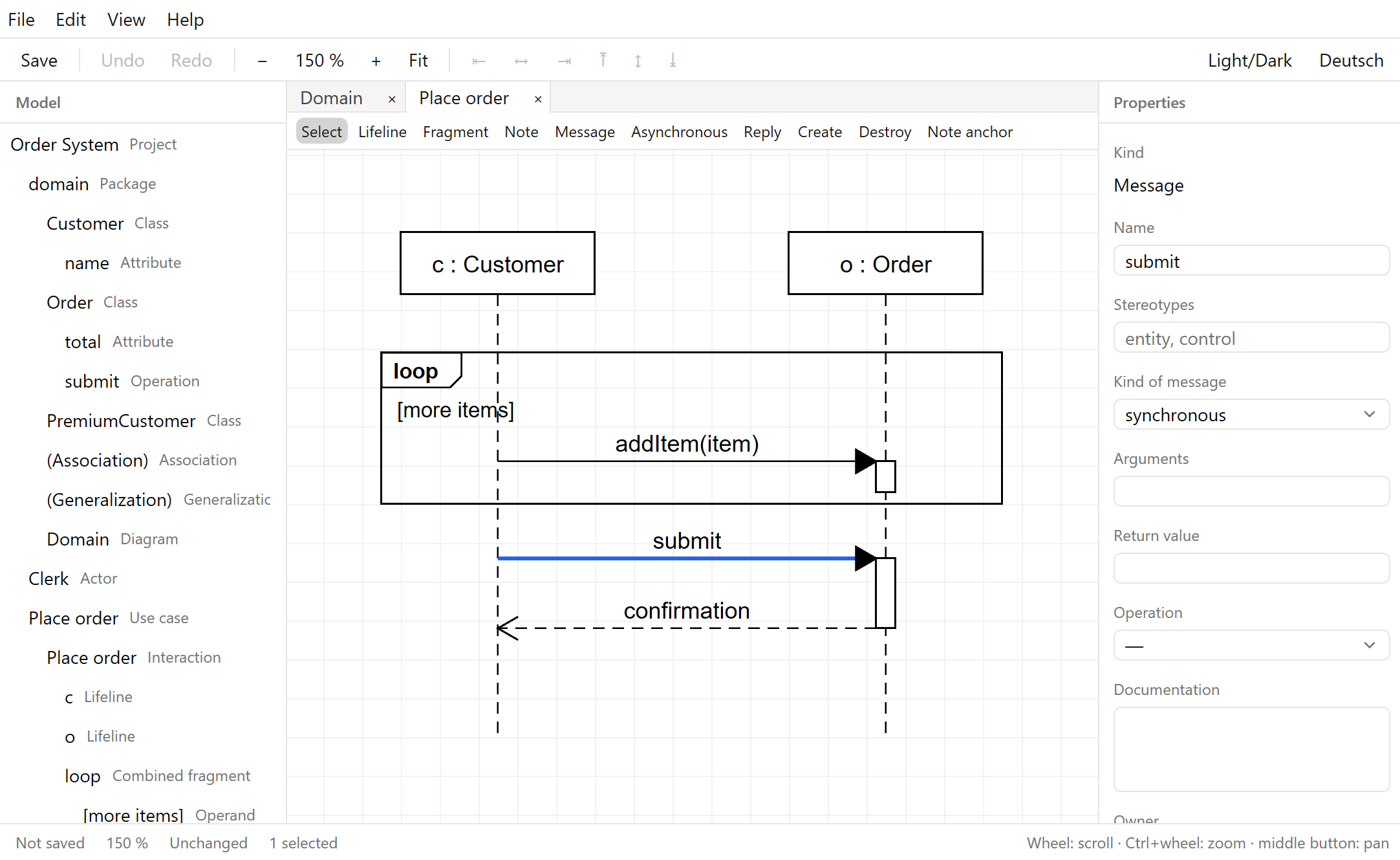 Sequence diagram in UmlCraft with a loop fragment and the submit message selected.