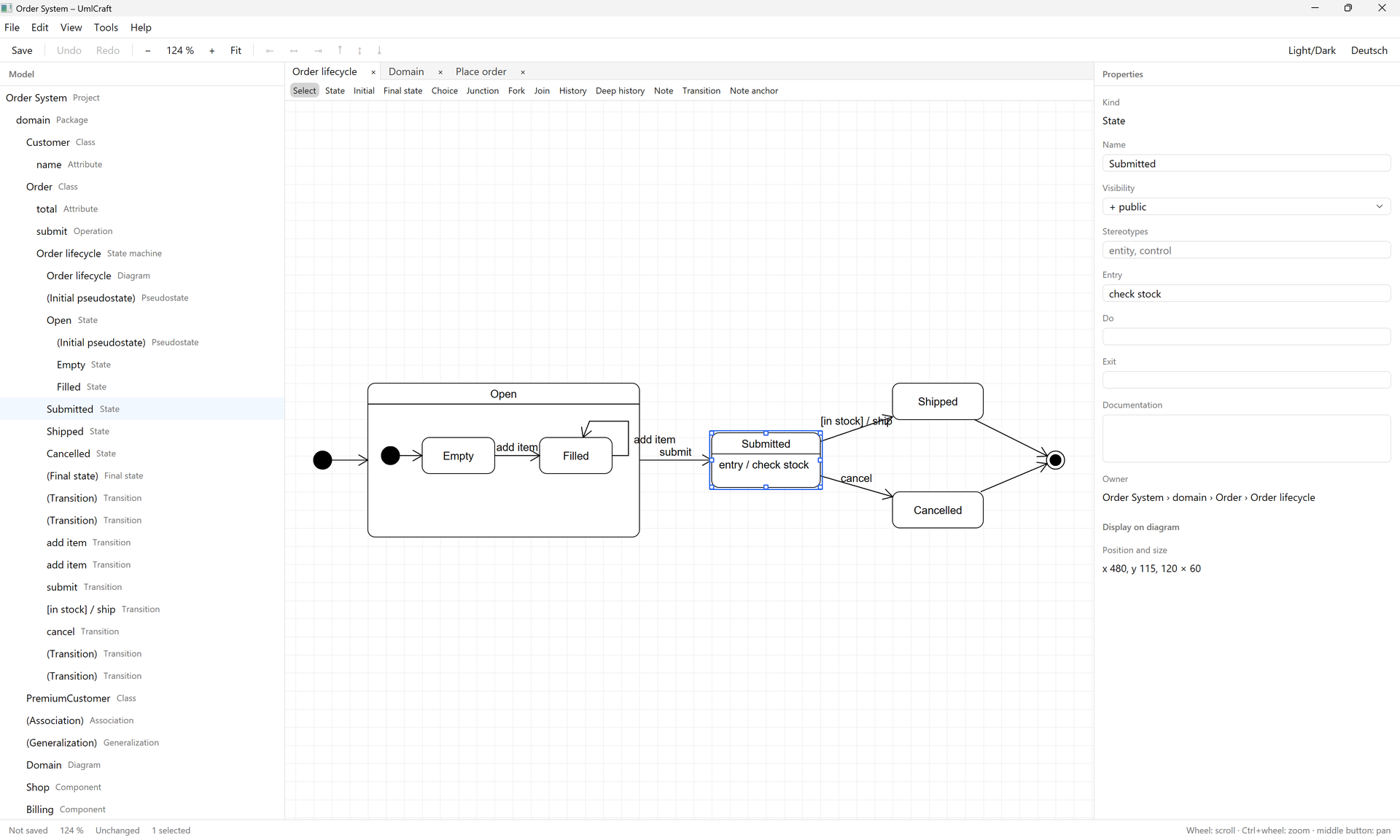 State machine diagram in UmlCraft: an Open composite state with Empty and Filled, then Submitted with an entry action, Shipped and Cancelled; Submitted is selected and its properties are shown.
