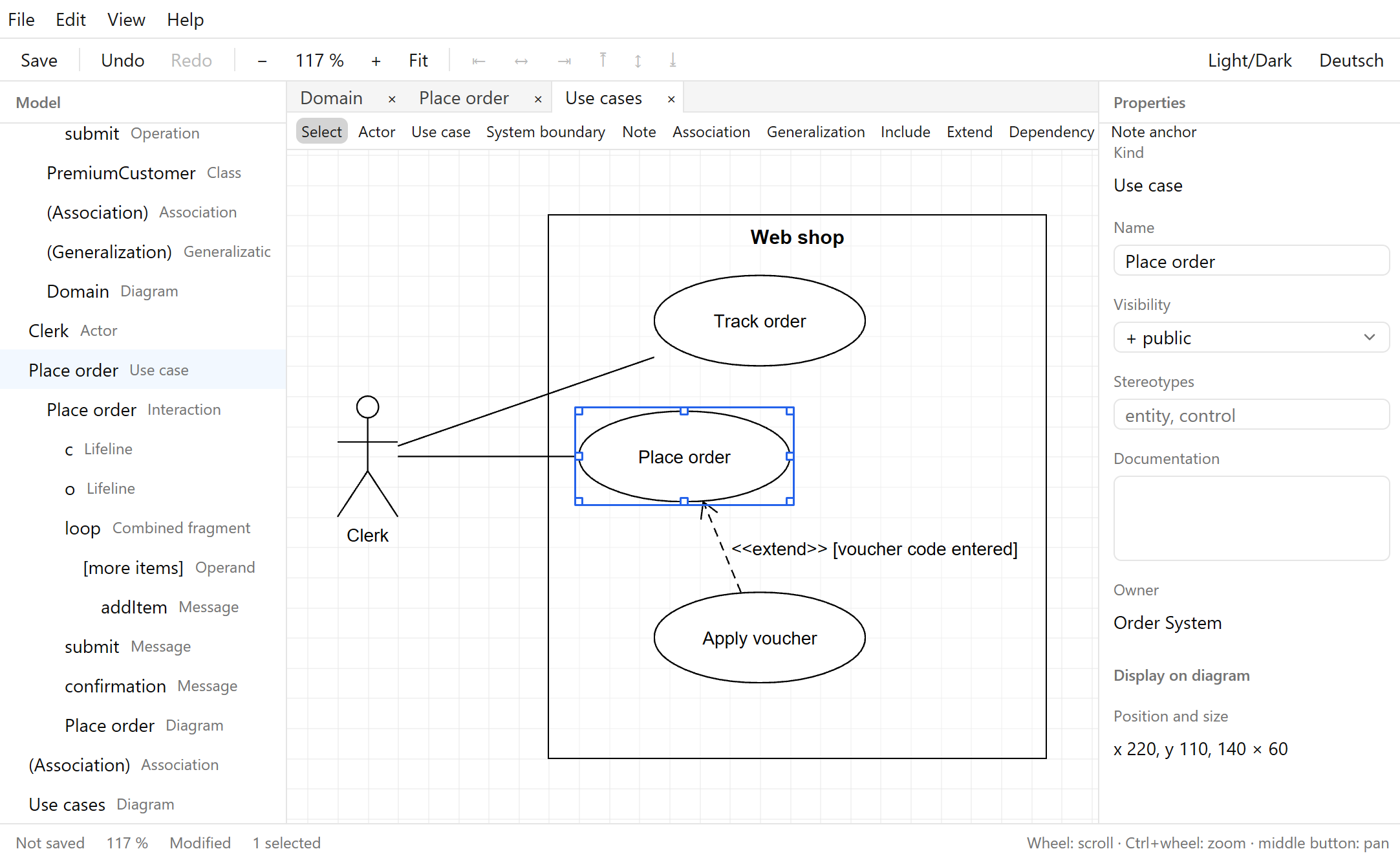 Use case diagram in UmlCraft: a clerk, a Web shop system boundary with Track order, Place order and Apply voucher, which extends Place order.